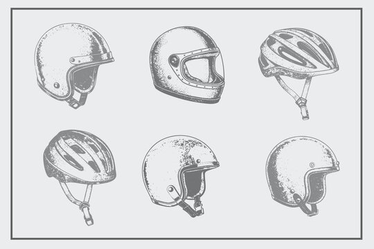 set of hand-drawn vintage wine Bike Helmet, Scooty Helmet, Cycle Helmet set vector illustration. Engraving style Helmet collection for creative design.