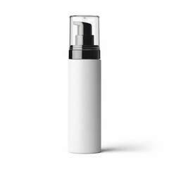 Elegant white pump spray bottle with transparent nozzle cap on a plain background