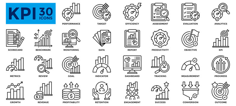 Key Performance Indicator (KPI)  icon collection. Contains icons for performance, Indicator, analytics, productivity, metrics, efficiency, dashboard, data, growth, and success.