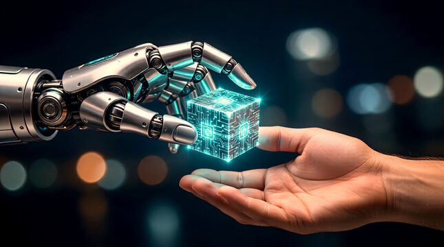 Robot Hand Passing Glowing Data Cube to Human Hand