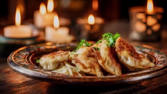 traditional Polish pierogi served on an earthy, rustic ceramic plate. The pan-fried dumplings boast a perfectly crisp, golden-brown crust and are beautifully garnished with fresh green herbs,