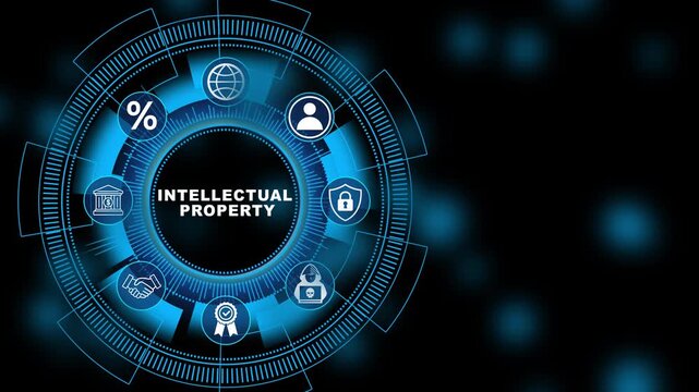 Advanced legal dashboard powered by Intellectual Property security technology showing digital rights protection and secure compliance interface system 4K animation video