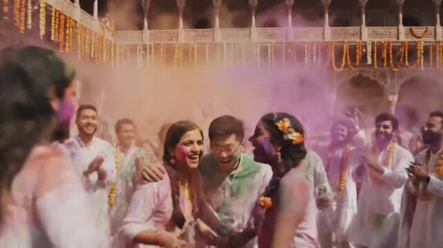 Multi ethnic people celebrating the festival of colors Holi in India
