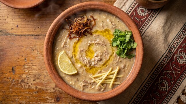 Traditional Spicy Haleem Stew Served In A Clay Bowl Garnish With Fried Onions Ginger And Lemon On A Rustic Table