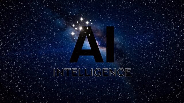 AI Intelligence text logo with sparkling stars on clean white background &mdash; modern, futuristic tech concept for AI branding, presentations, and digital media