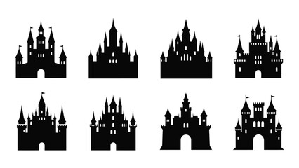A collection of eight black castle silhouettes on a white background isolated on white background, Vector © Rian