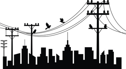 Naklejka premium Black and white silhouette of birds on power lines above urban skyline, illustrating city wildlife, electricity infrastructure, and modern industrial landscape concept