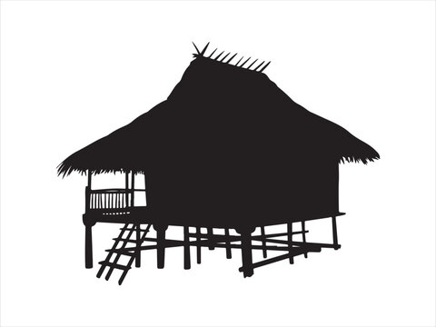 Stilt house silhouette vector, Traditional tribal huts and village home icon, Traditional stilt hut vector silhouette side view tropical dwelling illustration