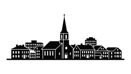 A black and white image of a town with a church isolated on white background, Vector