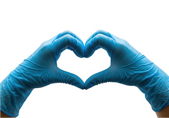Fototapeta premium A pair of blue medical gloves forming a heart shape symbolizing care and support isolated on transparent background