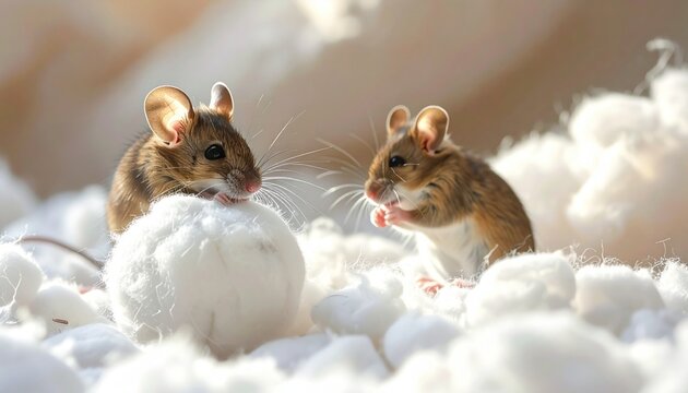 Two Mice Exploring Snowy Environment Together.