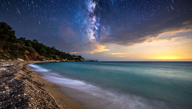 Milky Way Galaxy Over a Serene Coastal Beach at Twilight.