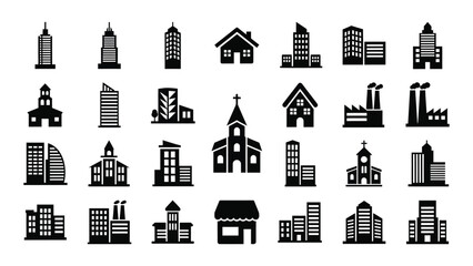 A collection of 25 black and white building icons isolated on white background, Vector
