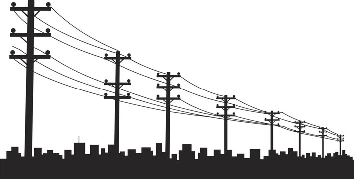 Black and white silhouette of power lines and utility poles over city skyline, representing urban electricity transmission network and industrial infrastructure system