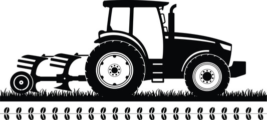 Agricultural tractor plowing field silhouette isolated on white background, farming machinery and rural harvest concept ©  jahanara