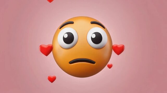 A 3D emoji with a sad expression and hearts floating around it, surrounded by a soft pink background, viewed from a straightforward perspective
