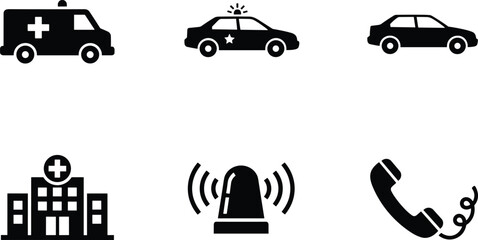 Emergency services icon set, black silhouette vector of ambulance, police car, hospital building, siren alarm, emergency telephone, and first aid © Shahanaj