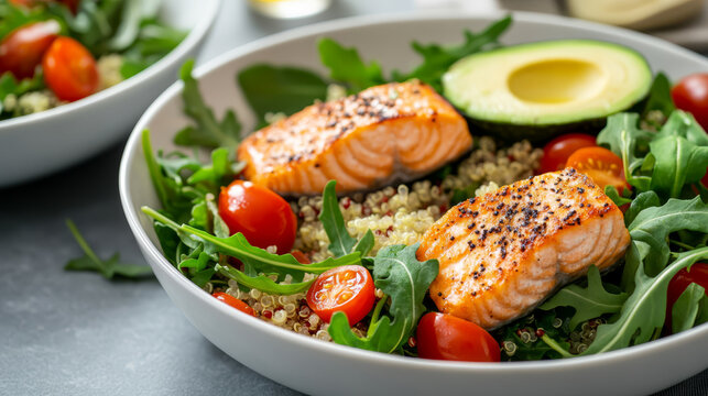 Grilled salmon quinoa bowl with avocado cherry tomatoes and arugula for healthy eating