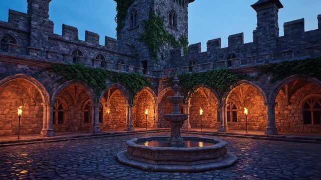 Cinematic slow zoom through a gothic castle courtyard at twilight with a majestic ancient stone fountain and flickering torchlight