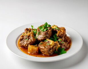 Deliciously braised beef shanks served on a white plate