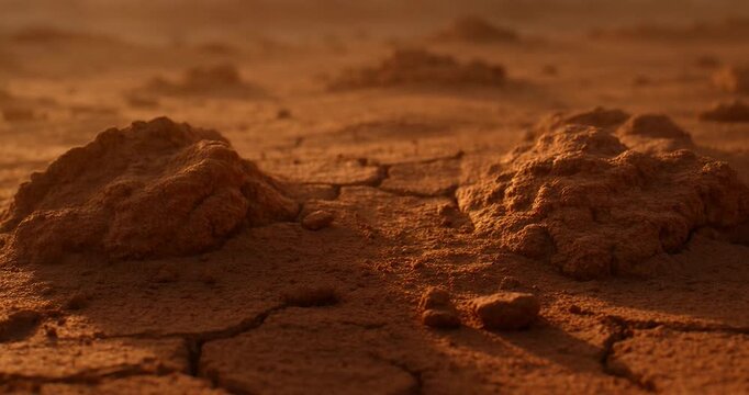 Parched earth with cracked mud and dust in a desert or drought affected area with small mounds