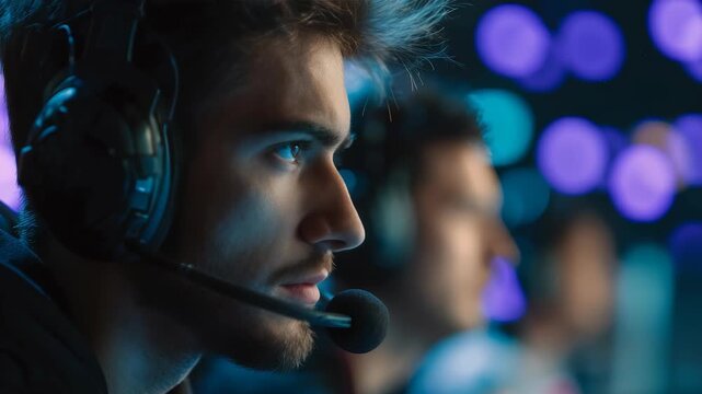 Close up concentrated esports player during high stakes gaming competition, highlighting intensity, excitement modern online tournaments. Scene captures dynamic world competitive gaming