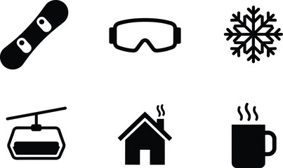 Winter sports and ski resort icon set, black silhouette vector of snowboard, goggles, snowflake, cable car, mountain cabin, and coffee