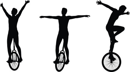 Unicycle rider silhouettes performing balance tricks, acrobat cyclist isolated on white background illustration set ©  jahanara