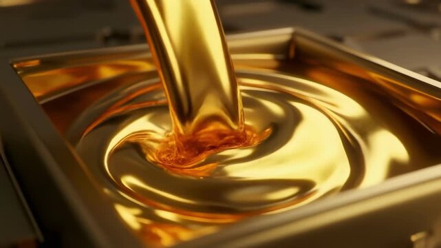 Molten gold pouring into a textured metallic container