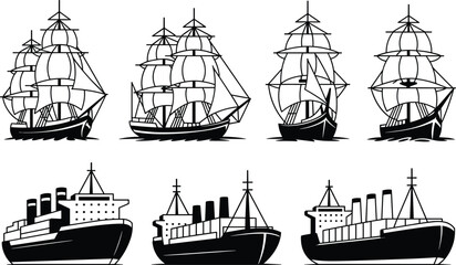 Vintage sailing ships and cargo vessels set, maritime transport silhouettes isolated on white background illustration collection ©  jahanara