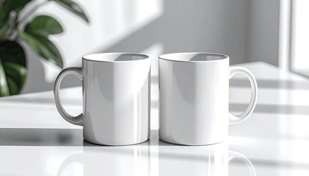 Two White Ceramic Coffee Mugs on a Table with Natural Light.