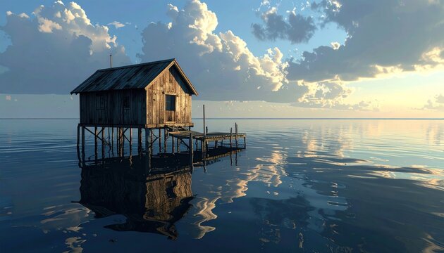 Serene ocean house on stilts at sunrise.
