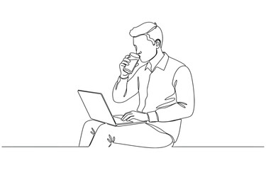 Continuous line drawing of a man working on a laptop while drinking water.