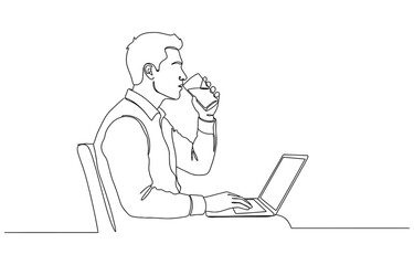Continuous line drawing of a man working on a laptop while drinking water.