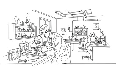 Naklejka premium Microscope labs in continuous one line drawing.