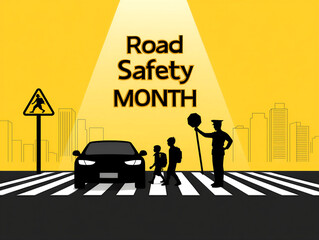 Fototapeta premium Road safety month illustration with pedestrians and traffic officer