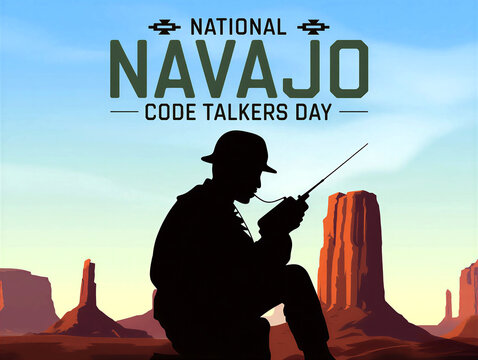 Silhouette of navajo code talker with desert landscape background