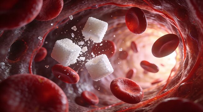 Glucose crystals and erythrocytes, circulating in arterial vessel, microscopic view, internal anatomy, medical science