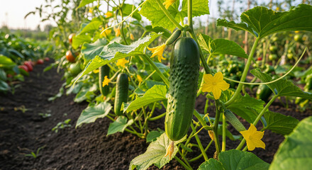 Obraz premium Cucumbers hanging beneath foliage showing healthy vegetable cultivation