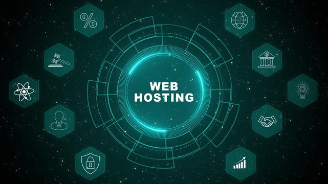 Cloud Web Hosting interface displaying secure server infrastructure dashboard with digital network performance monitoring and advanced technology system 4K animation video