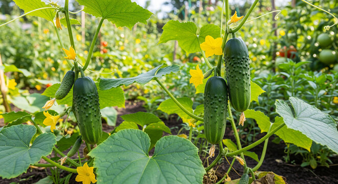 Healthy cucumber plant with developing fruit in garden soil