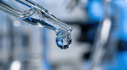 Droplet of clear liquid hanging from glass pipette