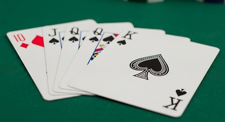 A close-up shot of a hand of playing cards on a green table