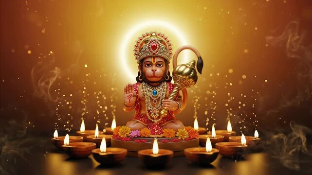 Lord Hanuman Idol with Diyas and Aura - Divine Hindu Deity Worship