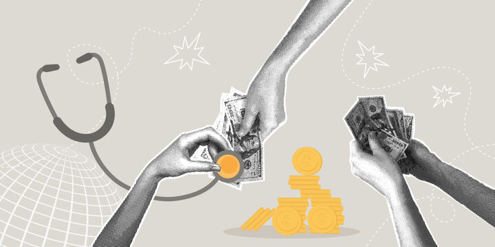 Financial audit, income and expense analysis. Trendy halftone collage. Concept of financial control, capital management, and savings. Vector illustration.