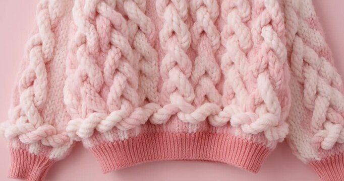 Close-up of a chunky pink and white knit sweater with braided pattern braid yarn knitting fashion clothing