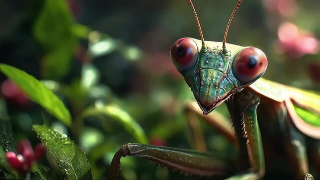 A vivid close-up of a praying mantis, showcasing its striking eyes and intricate features, perfect for nature enthusiasts.