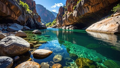 Obraz premium Serene river flowing through rocky canyon.