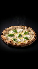 A delicious pizza with melted cheese and basil leaves on a black background