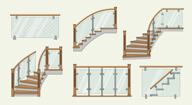 Collection of illustrations depicting various glass and wood railing designs for stairs and balconies